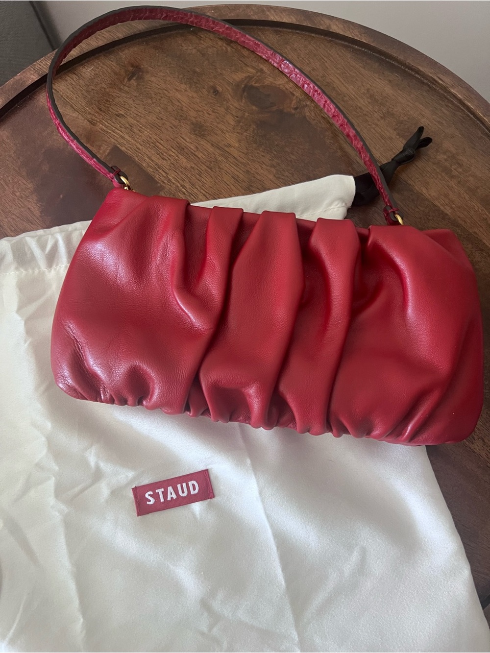 STAUD Red Ruched Leather Bag